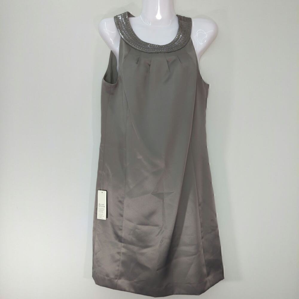 Ann Taylor LOFT Gray Silver Satin Shift Dress Sequin Neck Lined Size 6 NWT